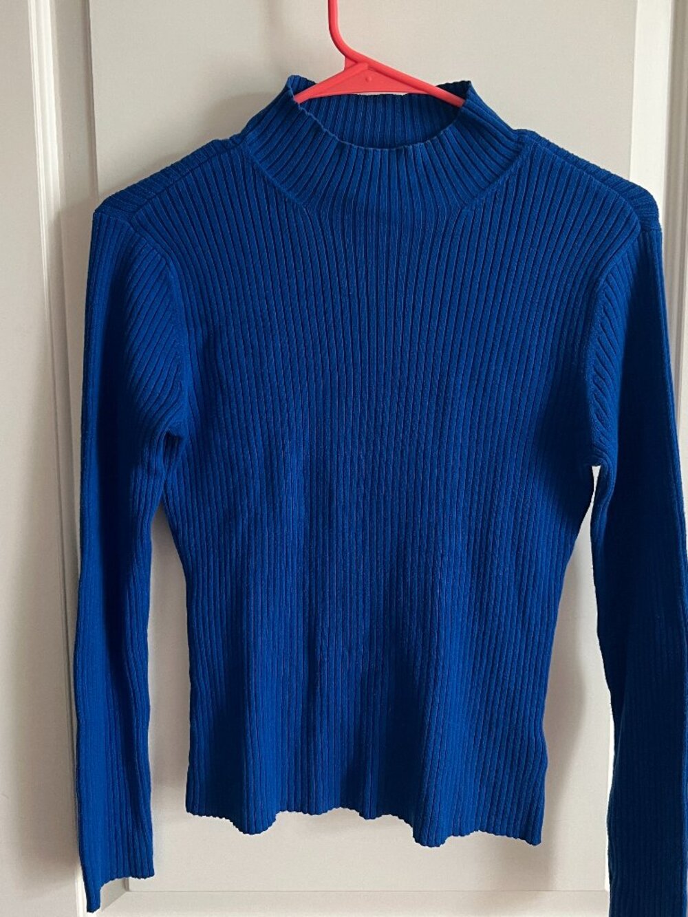 Worthington Blue Ribbed Mock Neck Sweater Small Cozy Fitted Turtleneck Top